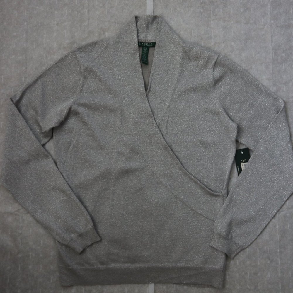 Ralph Lauren Sweater M V Neck Pullover Long Sleeve Metallic Silk Cotton Party